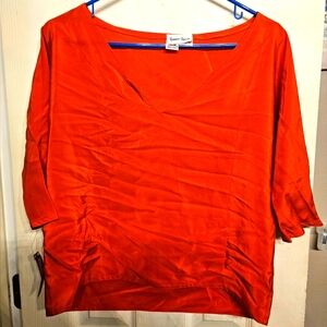 Red silk shirt top blouse Anne klein neiman-marcus petite xs